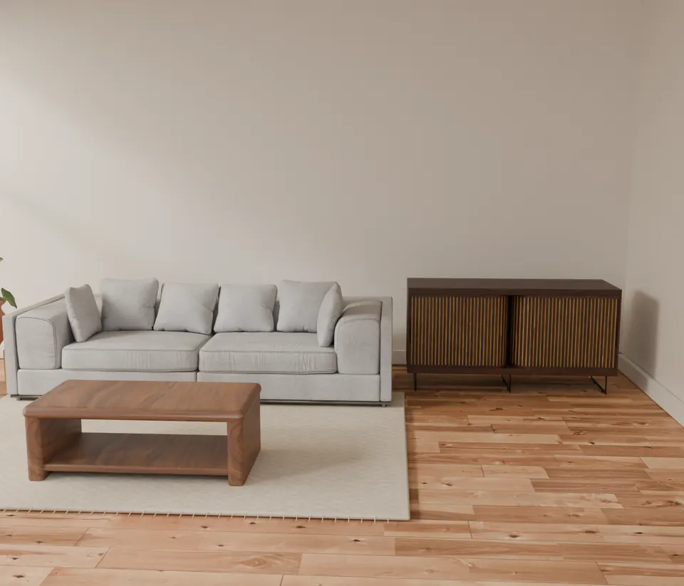 Find a place: the living room with oak storage added
